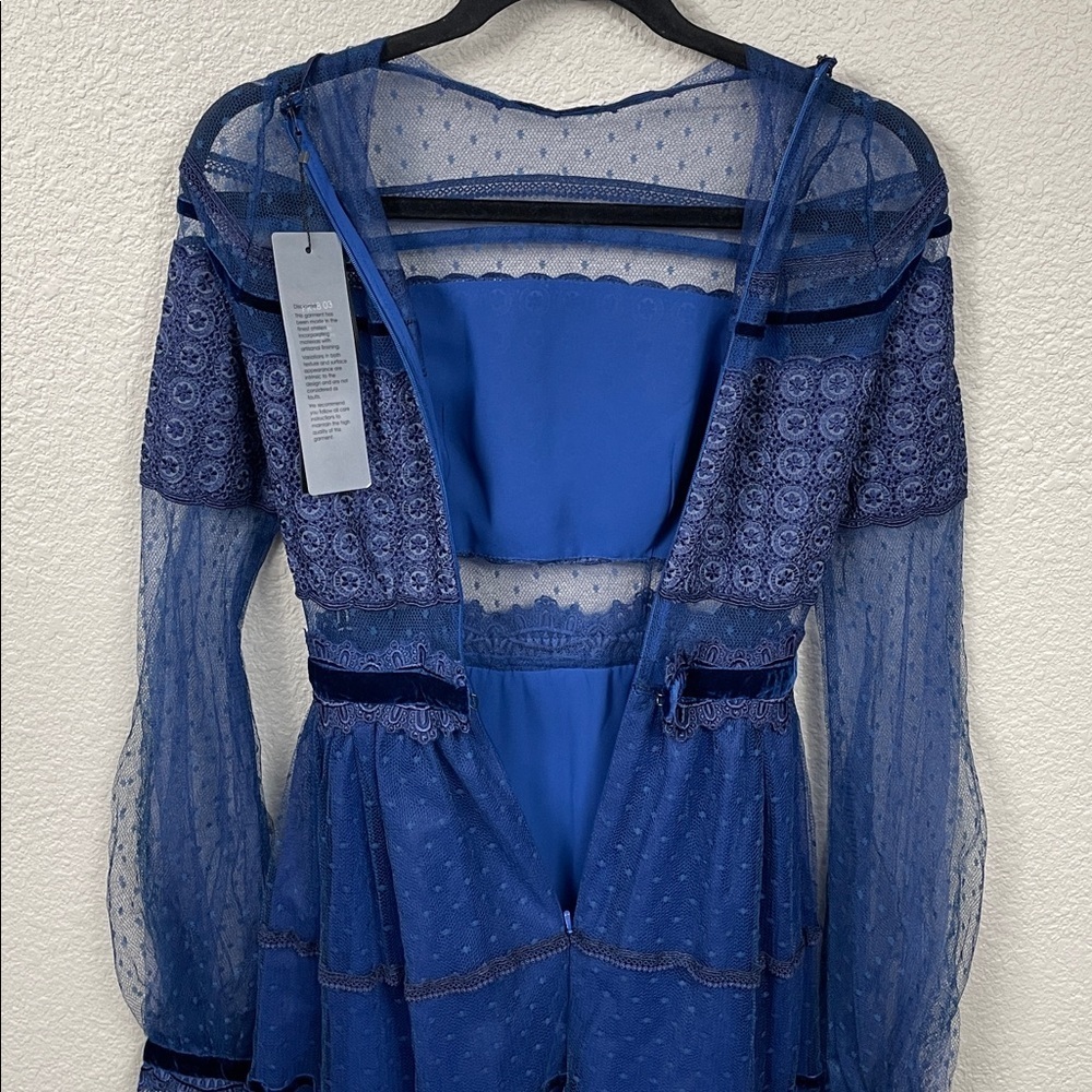 NWT Costarellos Blue Lace Panelled Maxi Dress Prairie Dot Tulle Sz 34 - Picture 8 of 15